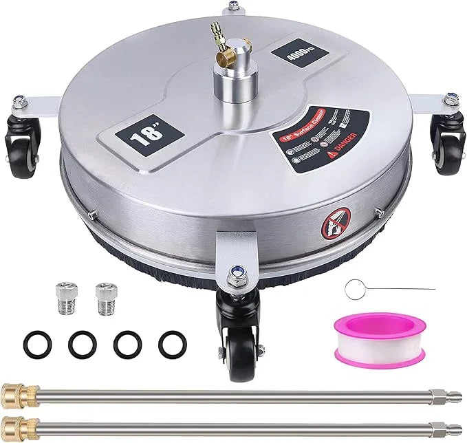 Biswing 18" Pressure Washer Surface Cleaner with 4 Wheels, Stainless Steel Power Washer Accessory for Driveways Sidewalks Patios Cleaning, 1/4" Quick Connector, 2 Extension Wand Attachments, 4000 PSI - NeatNest