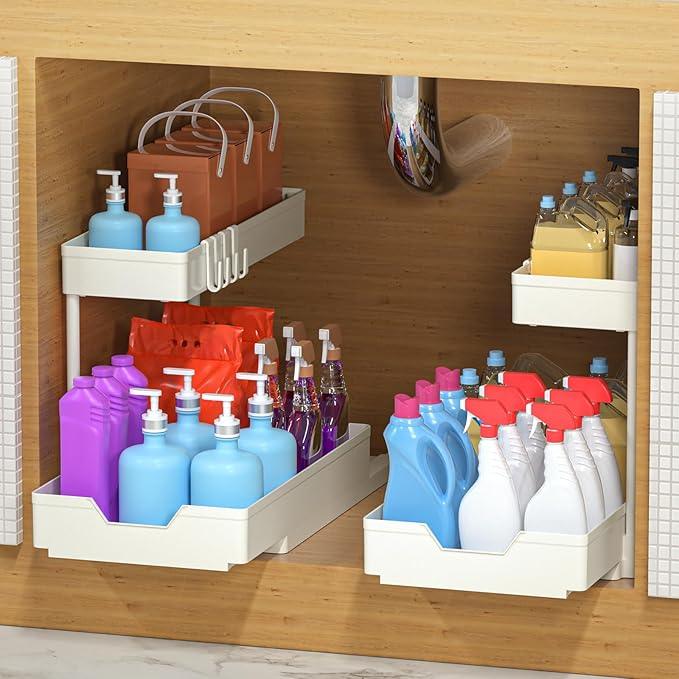 Under Sink Organizers and Storage, L-Shape Kitchen Bathroom Organization, 2-Tier Sliding Storage Under Bathroom Kitchen Sink Cabinet Organizer Shelf Pull Out ABS-2PC (White) - NeatNest