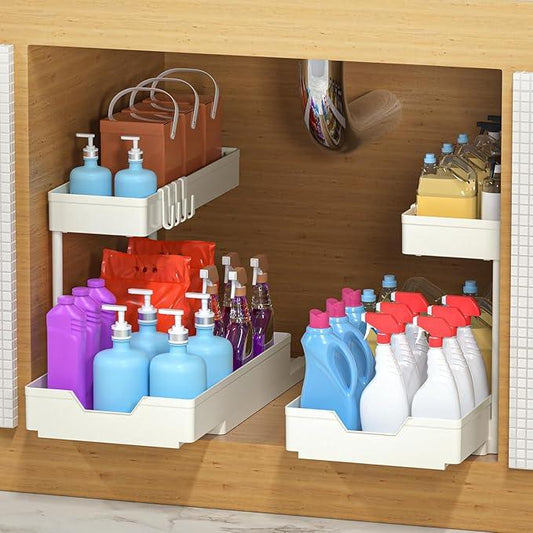 Under Sink Organizers and Storage, L-Shape Kitchen Bathroom Organization, 2-Tier Sliding Storage Under Bathroom Kitchen Sink Cabinet Organizer Shelf Pull Out ABS-2PC (White) - NeatNest