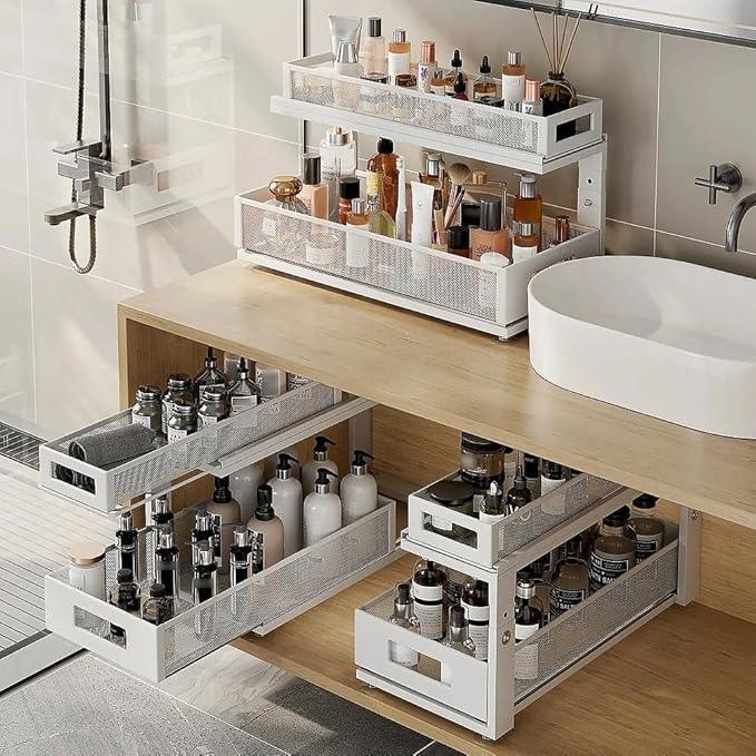 2 Pack 21.3IN-Depth Under Sink Organizer With Next-Gen Ball-Bearing Slides,2-Tier Pull Out Cabinet Storage,Height Adjustable Drawer Shelf for Bathroom,Kitchen,Laundry,Cabinet,Pantry-White - NeatNest