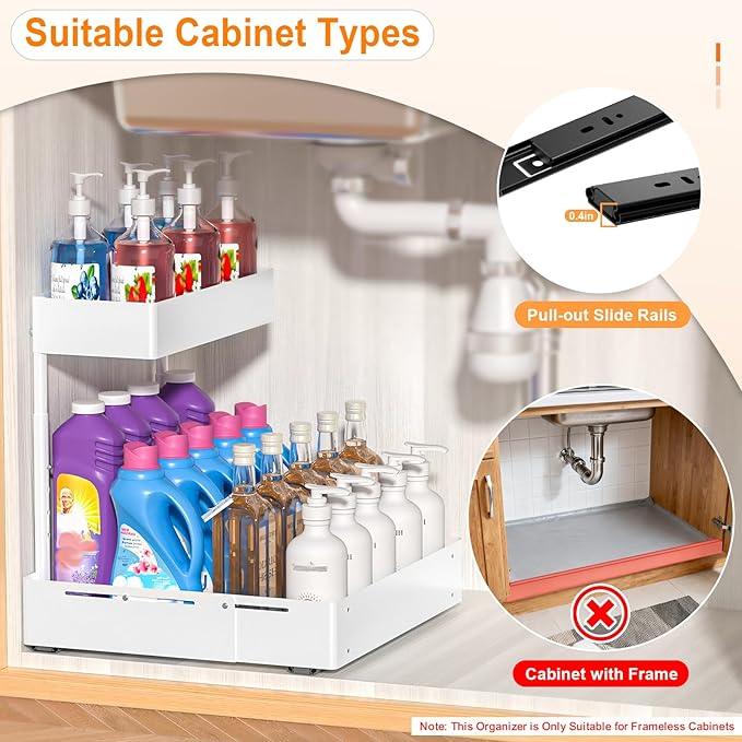 YJHome 1 Pack Expandable Under Sink Organizer, 2 Tier Pull Out Cabinet Organizer with Smooth Ball Bearing Slides, Adjustable Height Cabinet Storage Shelves for Kitchen, Bathroom, Laundry, Pantry - NeatNest