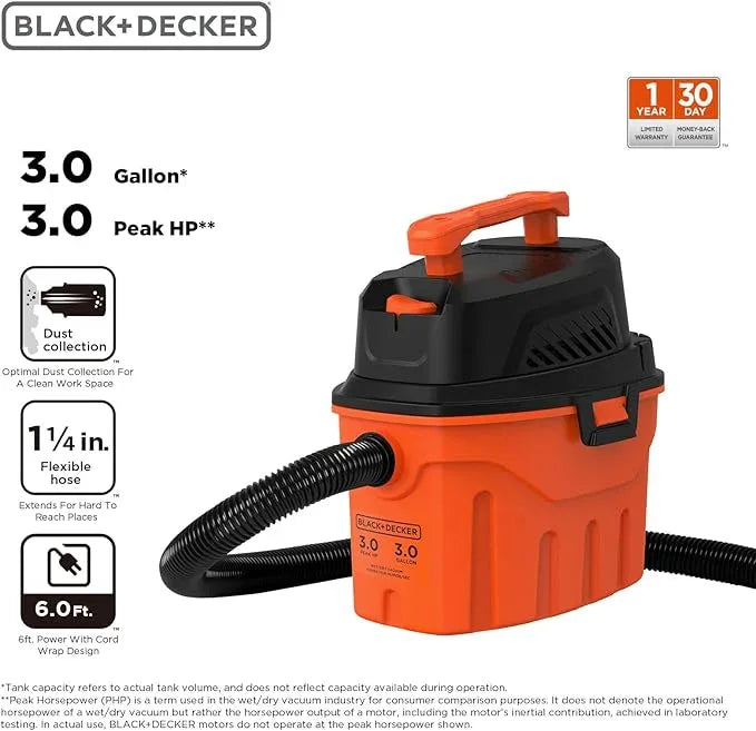 BLACK+DECKER Shop Vacuum Wet and Dry, 3 Gallon 3.0 Peak HP, 3-in-1 Portable Corded Shop Vac with Accessories, Vacuum Cleaner for Home, Pet and Car(BDXV18910P-3) - NeatNest