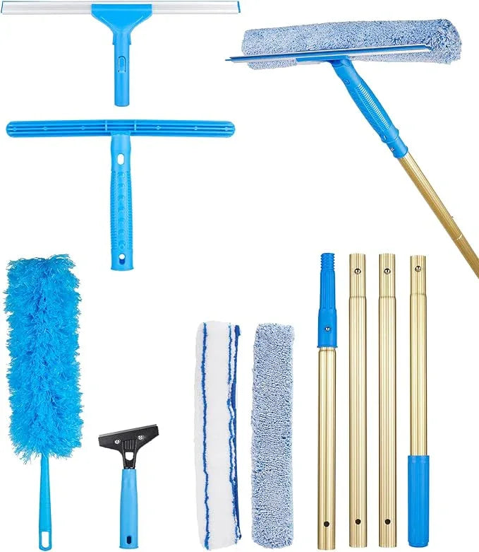 2 in 1 Window Squeegee Cleaning Kit with Aluminum Alloy Extension Poles, Scrubber, Glass Scrapper, Bendable Duster,2 Scrubber Cloth for Window, Car, Floor, Home, Garden - NeatNest