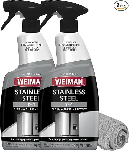 Weiman Stainless Steel Cleaner and Polish - Protects Appliances from Fingerprints, Leaves a Streak-Free Shine for Refrigerator, Dishwasher, Oven, Grill, 2 Pack With Microfiber Cloth - NeatNest