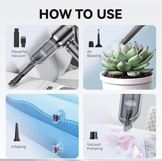 Car Vacuum Portable Cordless, 19000Pa Mini Vacuum Cleaner High Power 4-in-1 Compressed Air Duster Blower Pump Small Handheld Vacuum Cleaner Cordless Rechargeable for Car Home Office Desk - NeatNest