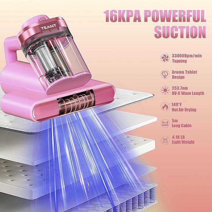 Mattress Vacuum Bed Vacuum Cleaner with 253.7nm UV-C Light, Hyper Helix Motor with 16kPa Strong Suction & 33000 RPM/Min Tapping, HEPA Filter, 149℉ Heat & Ultrasonic & Anion for Bed and Pet - NeatNest