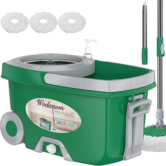 Dual Compartment Spin Mop and Bucket, Mop and Bucket with Wringer Set,360°Rotating Spinning Mopping for Floor Cleaning with 3 Microfiber Replacement Heads, 61" Extended Handle, 2X Wheel - Deep Green - NeatNest