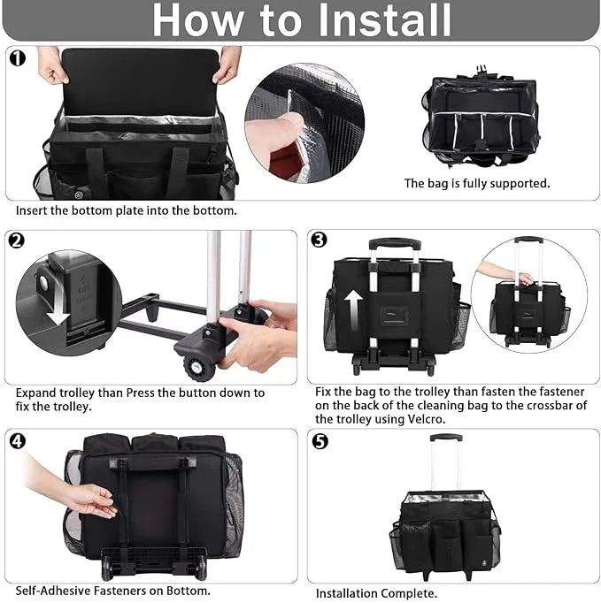 Extra Large Rolling Cleaning Caddy Bag with Detachable, Foldable Trolley Portable Cleaning Cart for Housekeeping Cleaning Caddy with Adjustable Shoulder Strap and Multiple Storage Pockets - NeatNest