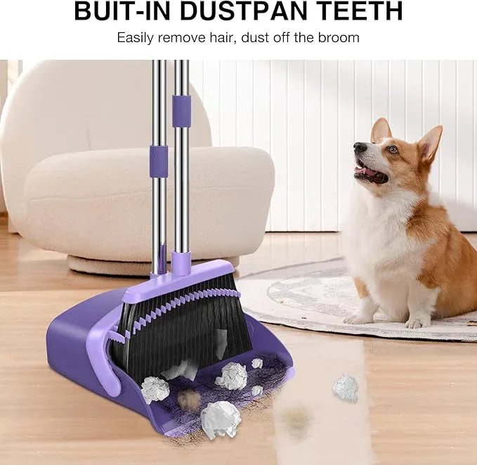 NACENA Broom and Dustpan Set, 52-in Long Adjustable Handle Broom Dustpan Combo with Dustpan Teeth to Automatically Clean Hair Suitable for Home Kitchen Office Hall Floor (Purple), 4 Pack - NeatNest