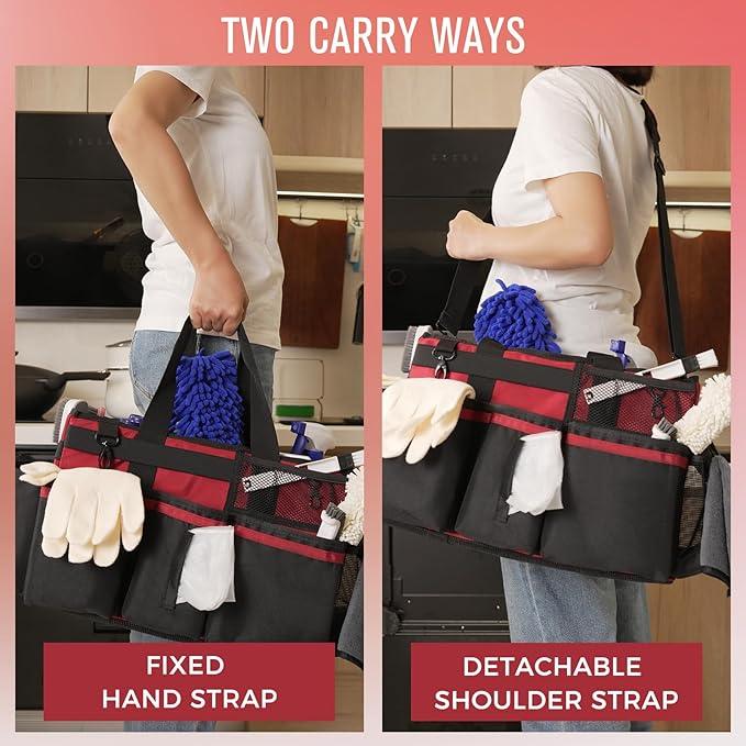 Wearable Cleaning Caddy, Cleaning Caddy Supplies Organizer with Handle & Shoulder Straps for Housekeepers, Under Sink & Car Cleaning Tool Organizers Bag with 4 Foldable Divider (Wine) - NeatNest