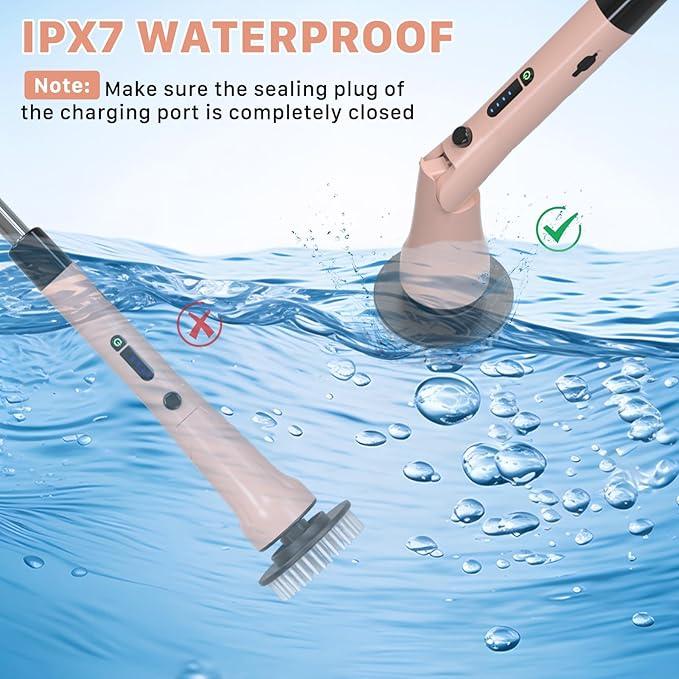 Electric Spin Scrubber, Hillyfe Bathroom Scrubber Electric with 7 Replaceable Brush Heads, IPX7 Waterproof,300/400 RPM, 3 Adjustable Length,Scrubber Brush Electric for Bathtub Floor,Pink - NeatNest