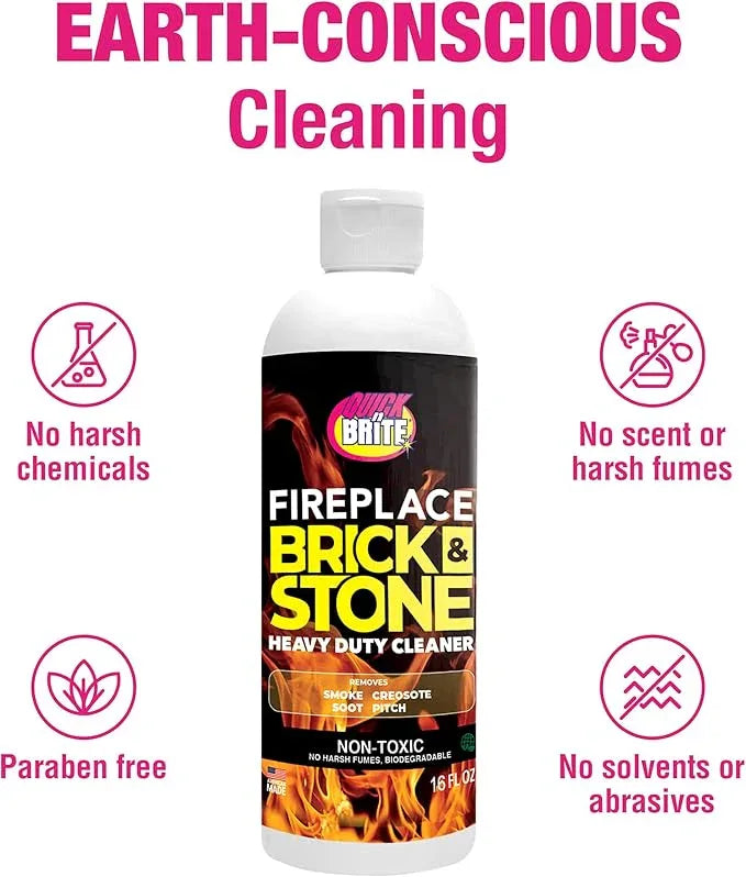 Quick N Brite Fireplace Gel Cleaner with Scrub Brush for Brick, Stone, Rock, Tile, and Marble, Nonabrasive Fireplace Cleaner, Made in the USA, 16 oz - NeatNest