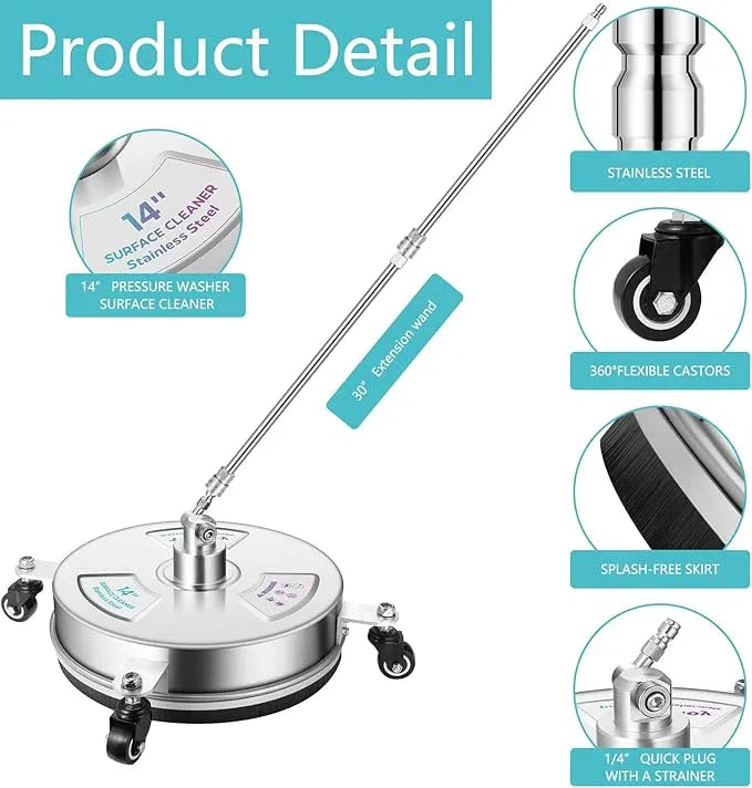 14" Pressure Washer Surface Cleaner with 4 Wheels-Stainless Steel Power Washer Accessories for Concrete Driveways Sidewalks Patios Cleaning (14 INCH Silver) - NeatNest