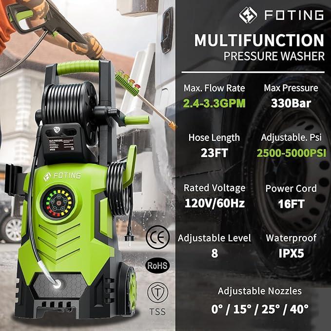 2025Upgraded Pressure Washer 5000PSI with Adjustable Touch Screen 8 Level, 34" Tall, 4 Quick Connect Nozzles,Inlet Hose&Filter&500mlFoam Cannon for Cars/Fences/Driveways/Home Cleaning,Yellow - NeatNest