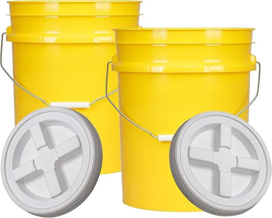 House Naturals 5 Gal Food Grade BPA Free Made in USA Yellow Plastic Buckets Premium 90 mil pails with Gasket Screw On Lids - Pack of 2 (White lids) - NeatNest