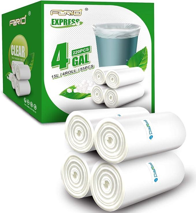 FORID Clear Small Trash Bags, 4 Gallon Garbage Bags, Wastebasket Bin Liners 220 Count Plastic Trash Bags for Bathroom Bedroom Office Garbage Can 15 Liters - Durable & Thick Trash Bag - NeatNest