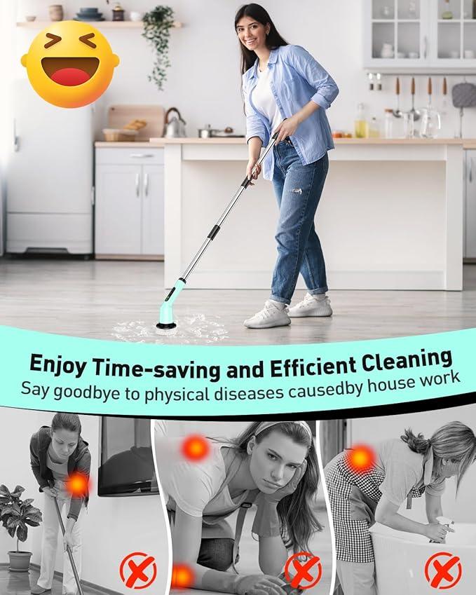 Electric Spin Scrubber for Cleaning Bathroom, Shower Scrubber Cordless Cleaning Brush with IPX7 Waterproof & 2 Speed, 3 Brush Heads, Bathroom Cleaning Supplies for Toilet Shower Tub Mint Green - NeatNest