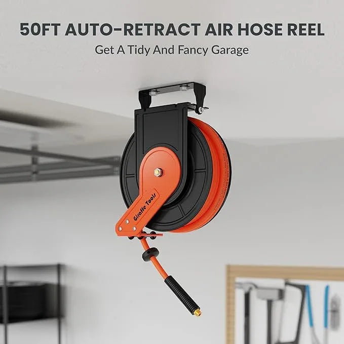 Giraffe Tools TA15 Retractable Air Hose Reel Swivel 3/8" x 50 ft Hybrid Hose, Max 300 PSI, Ceiling/Wall Mounted Heavy Duty Industrial Commercial Air Compressor Hose Reel, 50ft, Tangelo - NeatNest