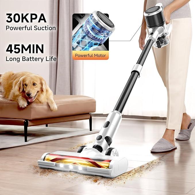 Cordless Vacuum Cleaner for Home - Lightweight, Stick Vacuum Clean with Rechargeable Battery, Max 45Mins Runtime, 8 in 1 Handheld Vacuum for Hardfloor & Carpets Pet Hair, White&Yellow - NeatNest