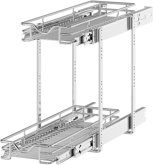 OCG 2 Tier Pull Out Cabinet Organizer (7.5" W x 21.5" D), Pull Out Drawers for Kitchen Cabinets, Pull Out Shelves for Base Cabinet Organization in Kitchen Bathroom Pantry, Chrome Finish - NeatNest