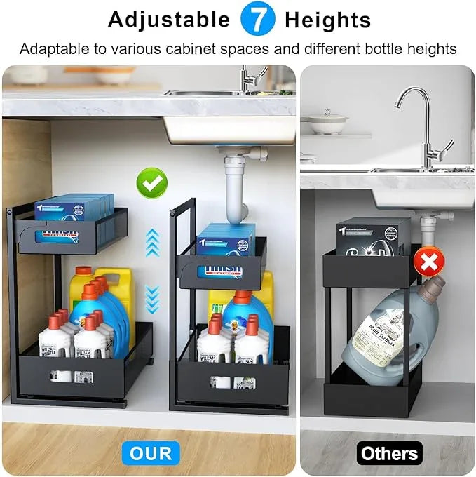 Under Sink Organizer Pull Out Cabinet Organizer Adjustable Height 2 Tier with Sliding Drawers Kitchen Bathroom Organizer and Storage(1pc) - NeatNest