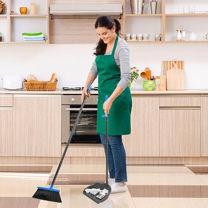 Broom and Dustpan Set ，Long Handle Broom with Upright Standing Dust pan for Indoor Outdoor Home Kitchen Office Floor Cleaning - NeatNest