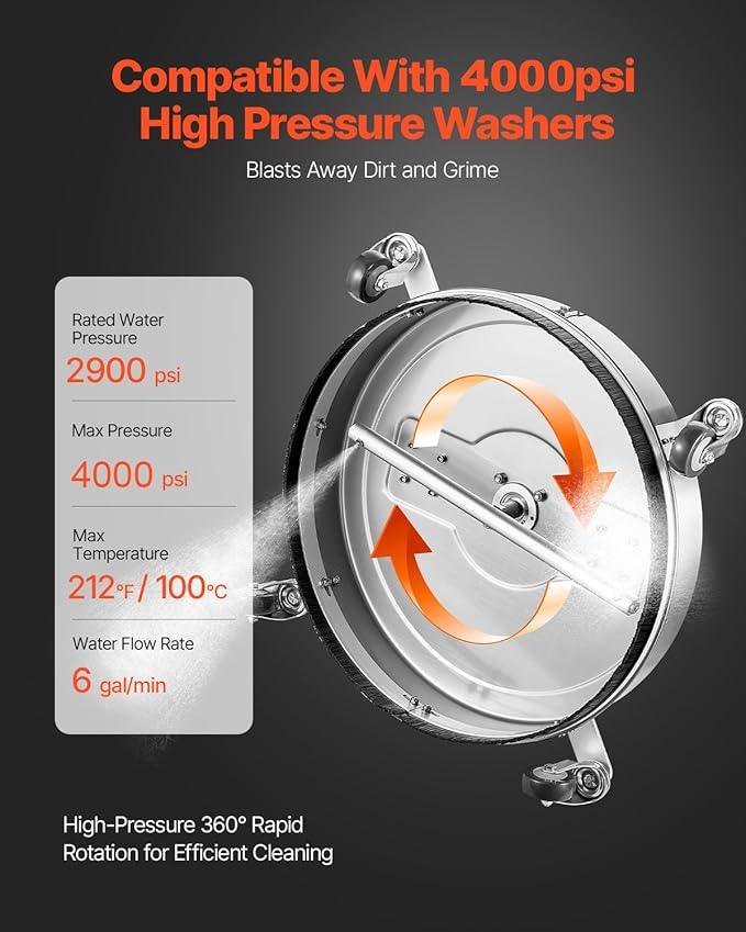 VEVOR 20" Pressure Washer Surface Cleaner, Stainless Steel Pressure Washer Attachments with 4 Wheels, 4000 Max PSI, 3/8 Quick Connector, 2 Spray Nozzles, Dual Handle, for Concrete, Patio, Sidewalk - NeatNest
