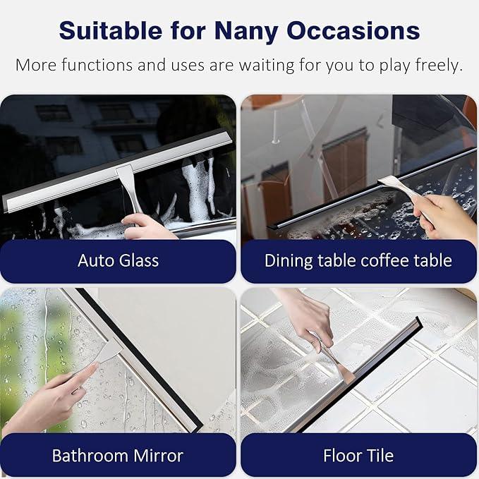 TOOVEM 14 Inch Shower Squeegee for Glass Doors, Window, Bathroom, Car Windshield, Shower Cleaning Tools with S Hook, Square Sticky Hook (Silver) - NeatNest