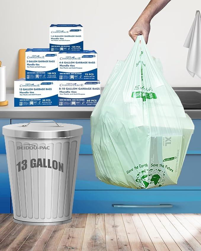 Compostable 13 Gallon Trash Bags, Tall Kitchen Garbage Bags with Handle, Sturdy Biodegradable Compost Bags, 100 Count, US BPI Certified - NeatNest