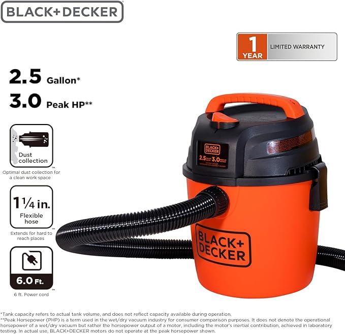 BLACK+DECKER 2.5 Gallon Shop Vac, 3 Peak HP Wet Dry Vacuum with Powerful Suction, Portable for Garage Car and Home Use, Pet Hair Cleaning, Accessories Included, BDXV18134PA - NeatNest