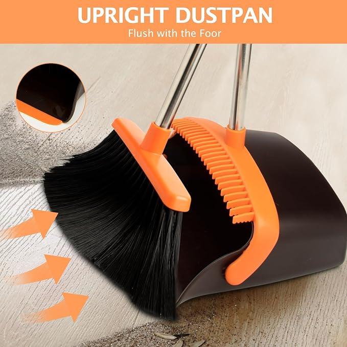 2-Pack Broom and Dustpan Set with Long Handle, Heavy Dust Broom and Dustpan Combo for Home，Kitchen, Office, Pet Hair (Brown Orange) - NeatNest