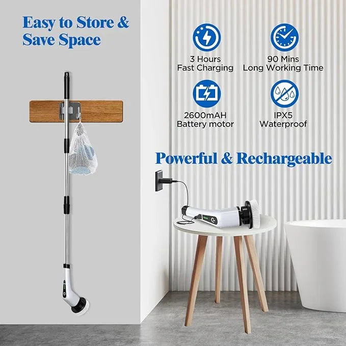 Electric Spin Scrubber, Cordless Bath Tub Power Scrubber with 8 Replaceable Drill Brush Heads, Shower Cleaning Brush with Adjustable Handle for Bathroom, Tile Floor & Car, White, (ANS-8050) - NeatNest