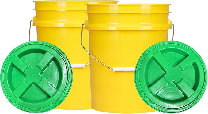 House Naturals 5 Gal Food Grade BPA Free Made in USA Yellow Plastic Buckets Premium 90 mil pails with Gasket Screw On Lids - Pack of 2 (Green lids) - NeatNest