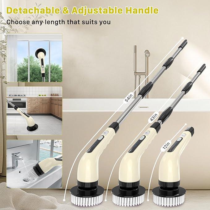 Electric Spin Scrubber, Cordless Cleaning Brush, Shower Scrubber with 7 Replaceable Brush, 2 Speeds and Adjustable Extension Handle for Bathroom Shower Bathtub Glass Car(Beige) - NeatNest