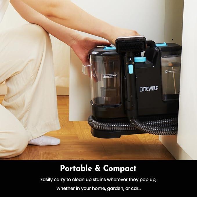 Cutewolf Portable Carpet and Upholstery Cleaner, Powerful Suction Carpet Cleaner with Dual Brush Heads, Deep Stain, Spot & Odor Remover for Carpets, Area Rugs, Couches, Auto Interior (Black) - NeatNest