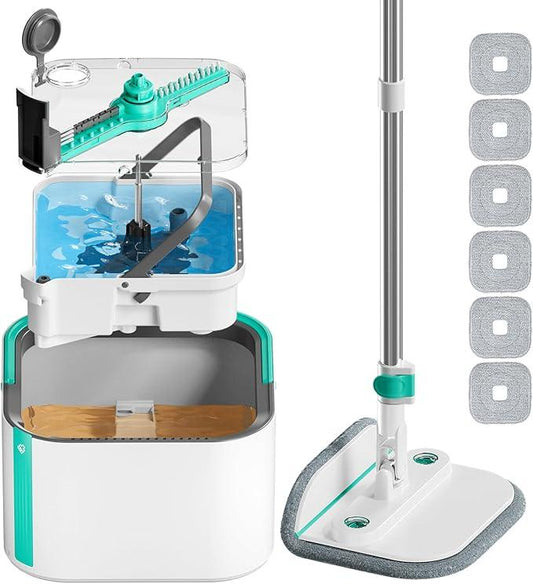 Upgraded Self-Standing Spin Mop and Bucket System, Detachable Inner Mop Bucket Separates Dirty Water & 90° Foldable Head, Triple-Scrub System, 0.9Gal Dual Drainage, for Hardwood Floors (Blue 6 Pads) - NeatNest