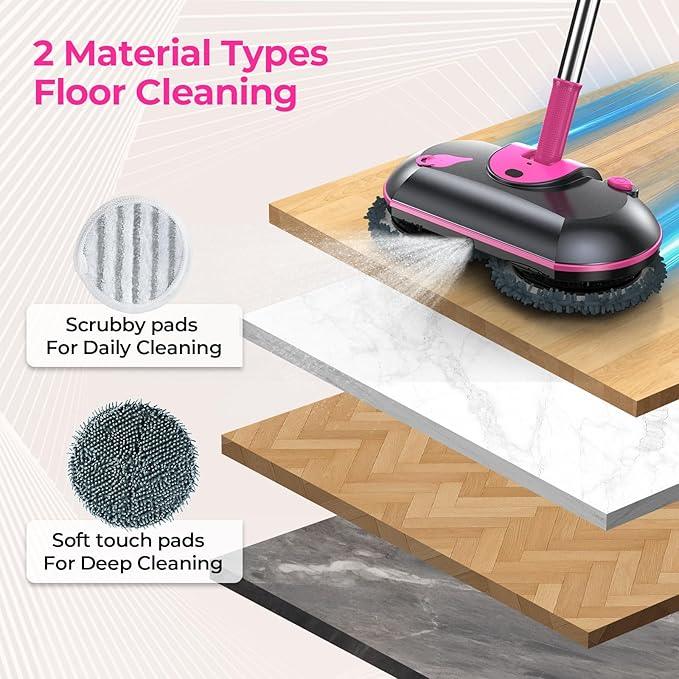 ScrubWiz Electric Spin Mop with Water Sprayer, Cordless Self-Propelled Floor Cleaner for Hardwood & Tile, Quiet Cleaning, Adjustable Handle, 2500mAh Long-Lasting Battery, 300ml Tank, Pink - NeatNest