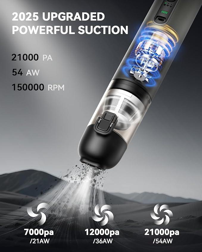 Car Vacuum, Handheld Vacuum Cordless with 21000Pa Powerful Suction & 3 Modes, 4-in-1 Portable Hand Held Mini Vacuum Cleaner Rechargeable, Ultra Light for Car Home Office (Silver) - NeatNest