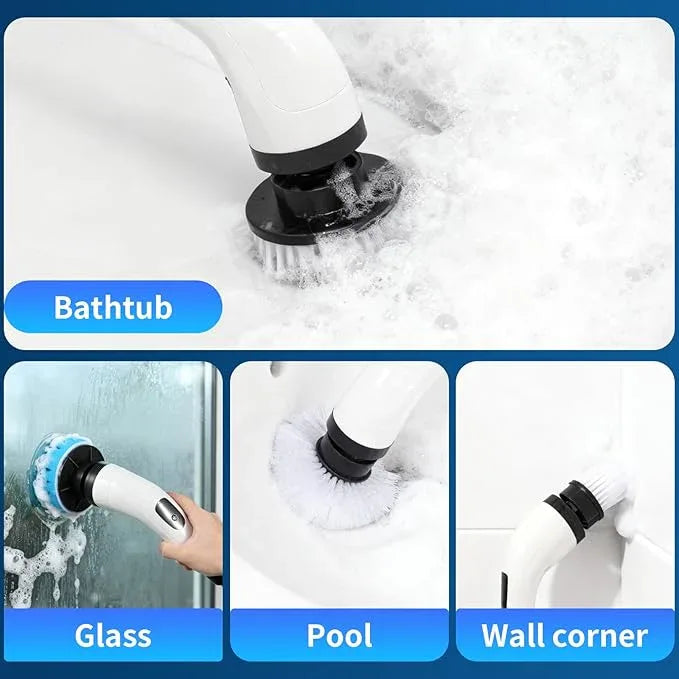 Rechargeable Electric Spin Scrubber, Waterproof Power Cleaner with 7 Brush Heads,1 Window Squeegee,2 Speeds Adjustable Long Handle for Bathroom, Floor, Shower, Tile & Kitchen Cleaning (White) - NeatNest