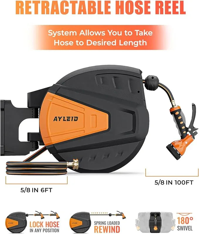 Ayleid Retractable Garden Hose Reel,5/8 in x 100 FT Wall Mounted Hose Reel, with 9- Function Sprayer Nozzle, Any Length Lock/Slow Return System/Wall Mounted/180°Swivel Bracket (Black) - NeatNest