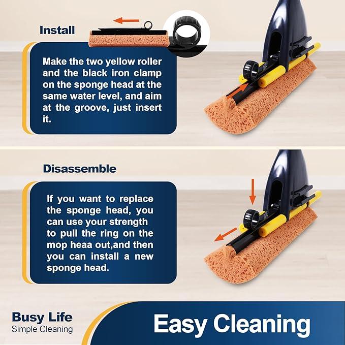 Yocada Sponge Mop Home Commercial Use Tile Floor Bathroom Garage Cleaning Total 3 Sponge Heads Squeegee and Extendable Telescopic Long Handle 42.5 to 52 Inches Easily Dry Wringing Only 3 Heads - NeatNest