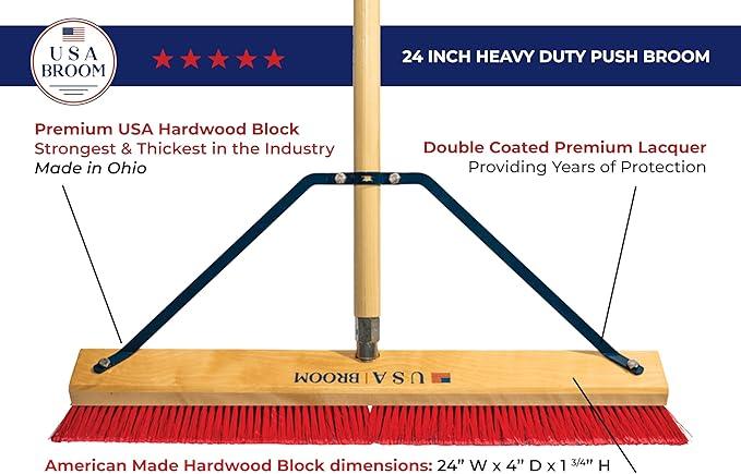 24" Everyday Sweep Indoor/Outdoor Push Broom with 60" Handle. Ideal for Garages & Shops. Durable American Made Steel Brackets-All Stainless Steel Hardware. No Plastic. 100% Made in The USA. - NeatNest