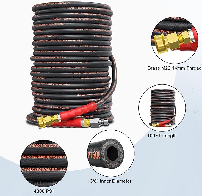 Pressure Washer Hose 100FT, 3/8" for Cold & Hot Water (Up to 140℉) 4800 PSI Kink Resistant Industrial Grade Steel Wire Braided QC Ends - NeatNest