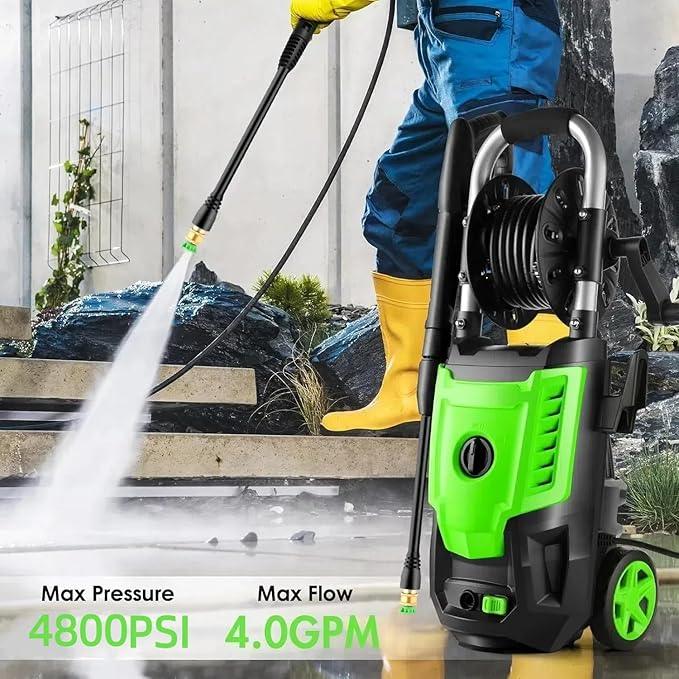 Pressure Cleaner- High Power Cleaner with 33FT Hose Reel, 4 Spray Tips and Soap Bottle for Car Washing, Fence Cleaning, Patio Maintenance（Upgraded） (Green) - NeatNest