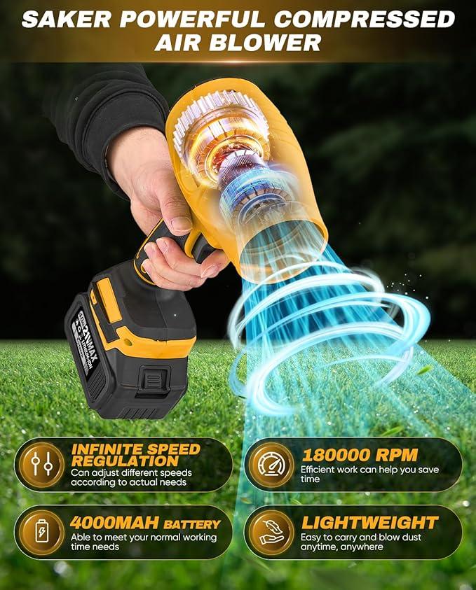 Saker Handheld Cordless Leaf Blower Portable Dust Cleaner 180000 RPM Compressed Air Duster with Adjustable Speed for Drying Patio Cleaning Camping 2 x 4.0Ah Battery Yellow - NeatNest