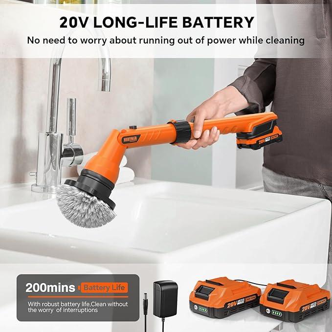 2 Battery Electric Spin Scrubber, 1000RPM Cordless Cleaning Brush Waterproof with 20V Power Supplied, Adjustable Extension Handle, 4 Replaceable Cleaning Heads, Hook, Gloves - for Tub/Tile/Wall/Floor - NeatNest