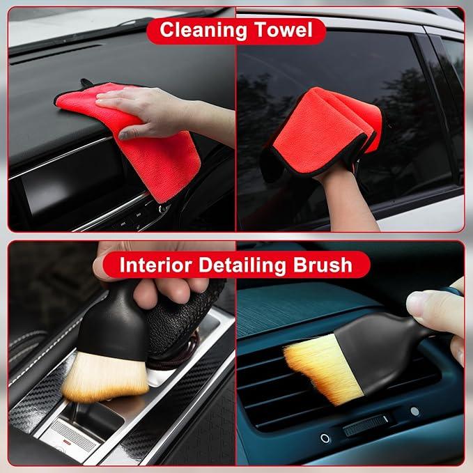 Viewsun Windshield Cleaner Tool, 17Pcs Red Car Interior Cleaning Kit, Car Detailing Kit Interior Cleaner, Car Detailing Brushes, Car Cleaning Gel, Inside Cleaning Supplies Accessories for Women Girls - NeatNest