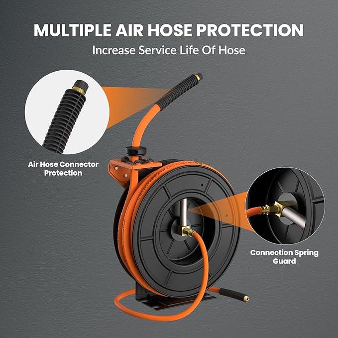 Giraffe Tools TA10 Retractable Air Hose Reel Swivel with 3/8 in. x 25 ft Hybrid Hose Max 300 PSI, Industrial Wall Mounted Compressor Hose Reel Heavy Duty, Air Compressor Heavy Duty Steel Reel - NeatNest