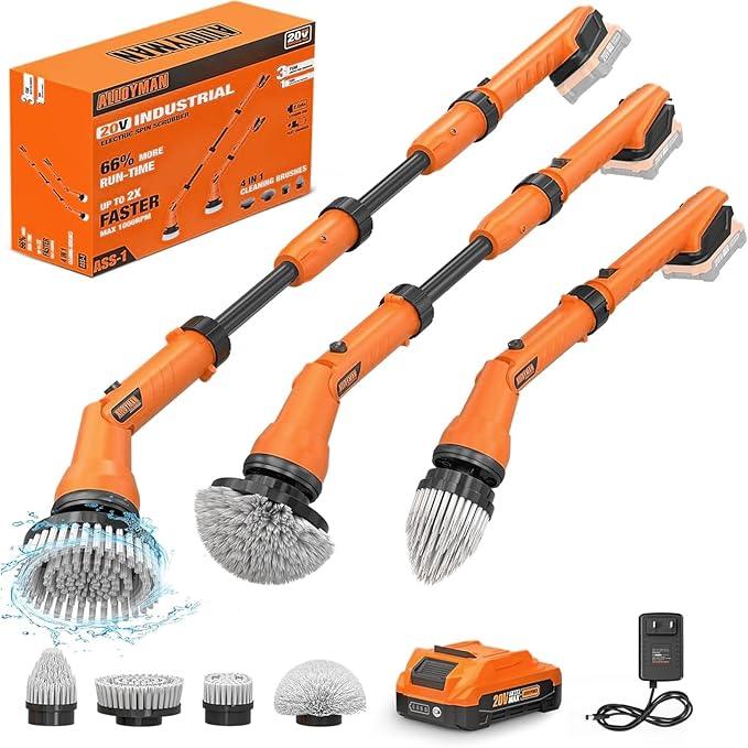 1000RPM Electric Spin Scrubber, 20V Cordless Cleaning Brush with Adjustable Extension Arm, 4 Replaceable Cleaning Heads, Hook and Gloves, 1 Hour Fast Charge, Waterproof - for Bathroom/Tub/Tile/Floor - NeatNest