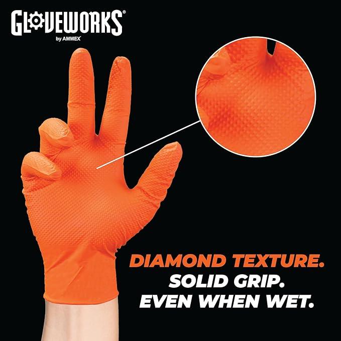 GLOVEWORKS HD Orange Nitrile Disposable Gloves 8 Mil Raised Diamond Texture, 100 - NeatNest